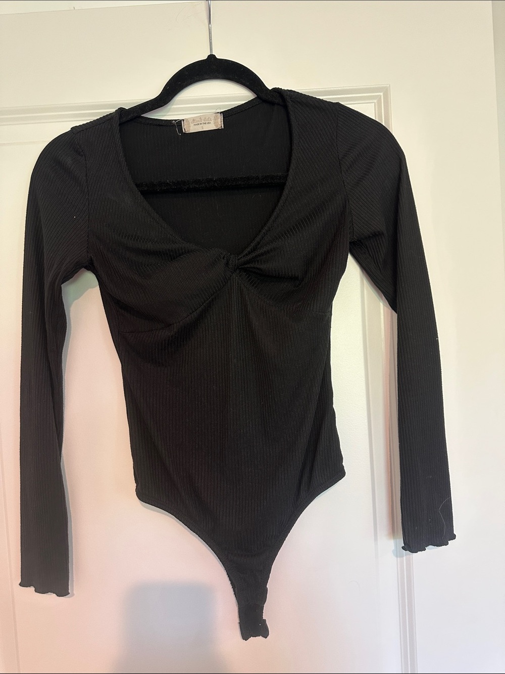 Altar'd State Black Ribbed Twist-Front Long Sleeve Bodysuit